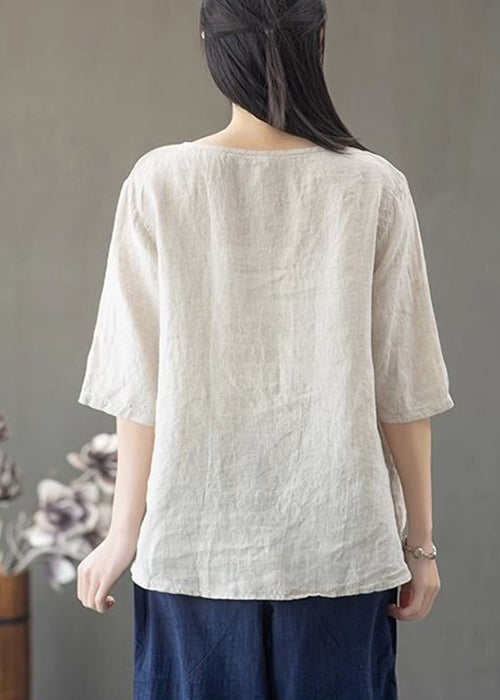 Loose Linen O Neck Print Linen T Shirt Half Sleeve