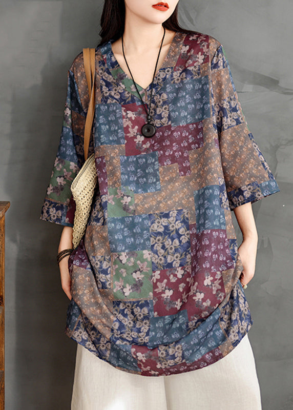 Loose Multi V Neck Print Long Shirts Long Sleeve