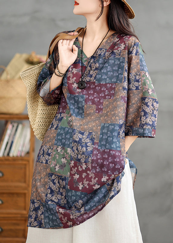 Loose Multi V Neck Print Long Shirts Long Sleeve