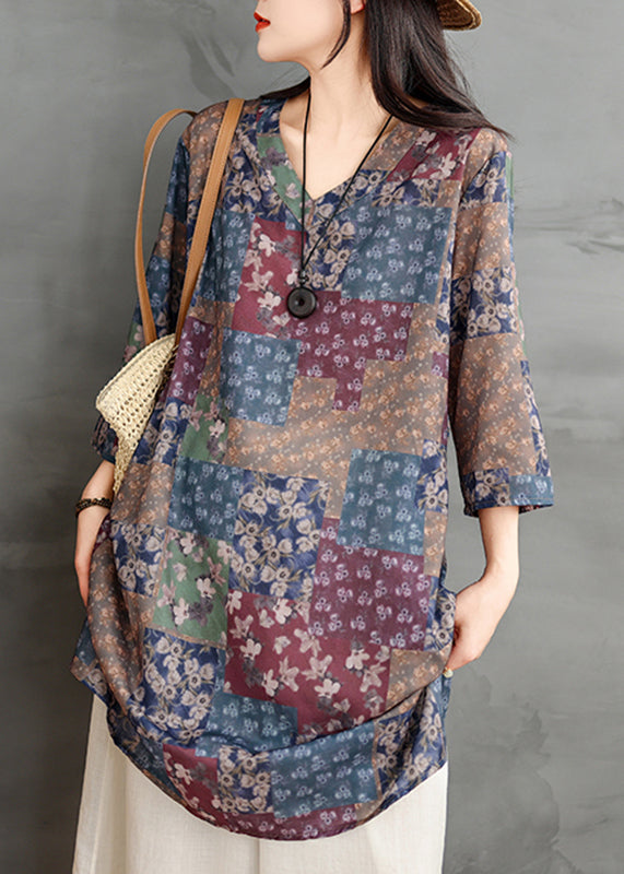 Loose Multi V Neck Print Long Shirts Long Sleeve