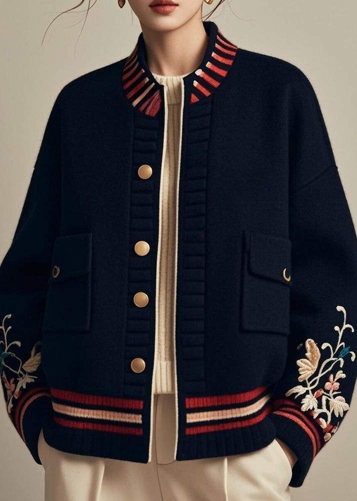 Loose Navy Button Print Pockets Patchwork Coats Fall