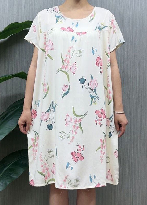 Loose Navy O Neck Print Cotton Pajamas Dresses Summer