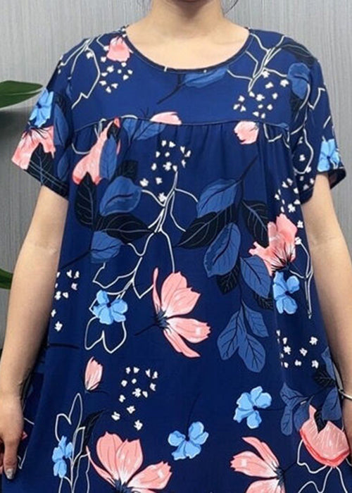 Loose Navy O Neck Print Cotton Pajamas Dresses Summer