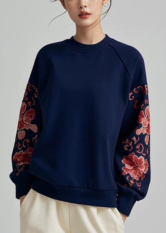 Loose Navy O Neck Print Cotton Pullover Sweatshirt Fall