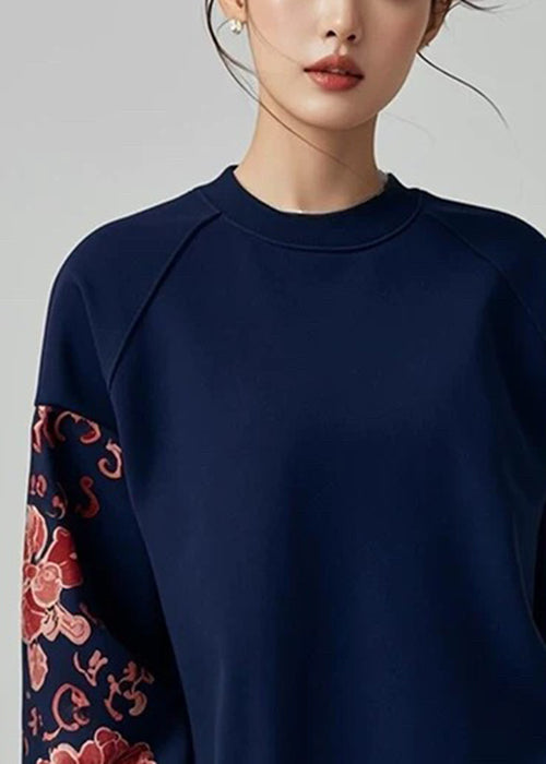 Loose Navy O Neck Print Cotton Pullover Sweatshirt Fall