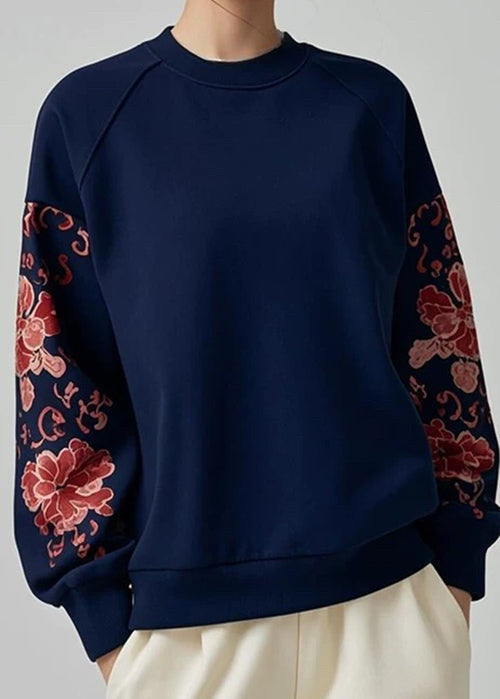 Loose Navy O Neck Print Cotton Pullover Sweatshirt Fall