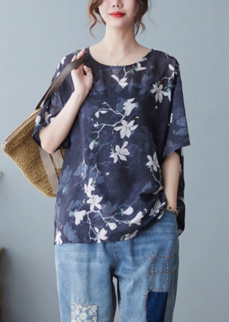 Loose Navy O Neck Print Linen T Shirts Summer