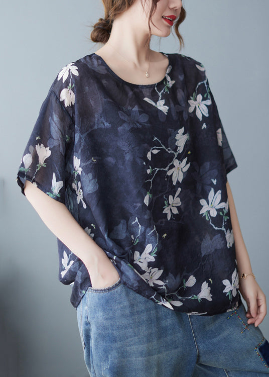 Loose Navy O Neck Print Linen T Shirts Summer