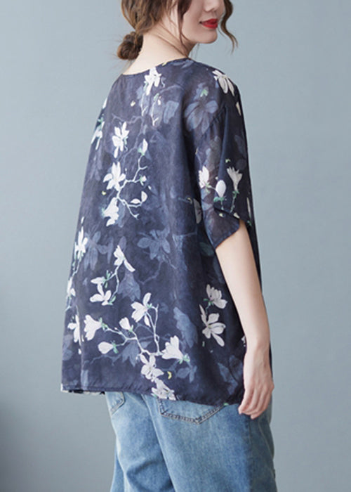 Loose Navy O Neck Print Linen T Shirts Summer