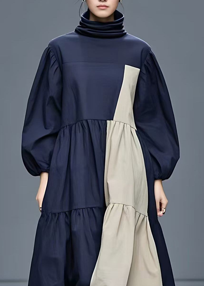 Loose Navy Turtleneck Patchwork Long Dress Fall