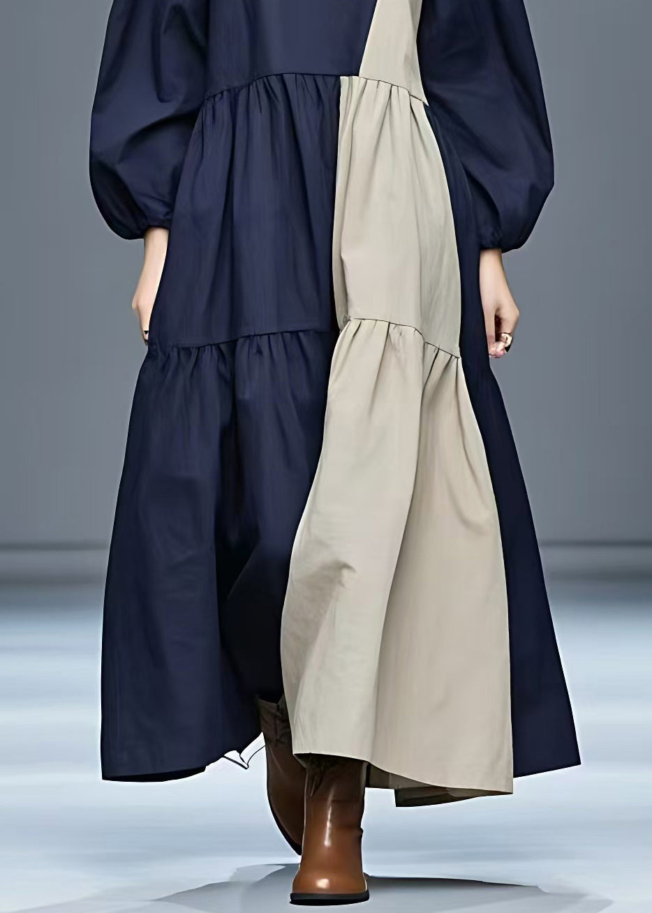 Loose Navy Turtleneck Patchwork Long Dress Fall