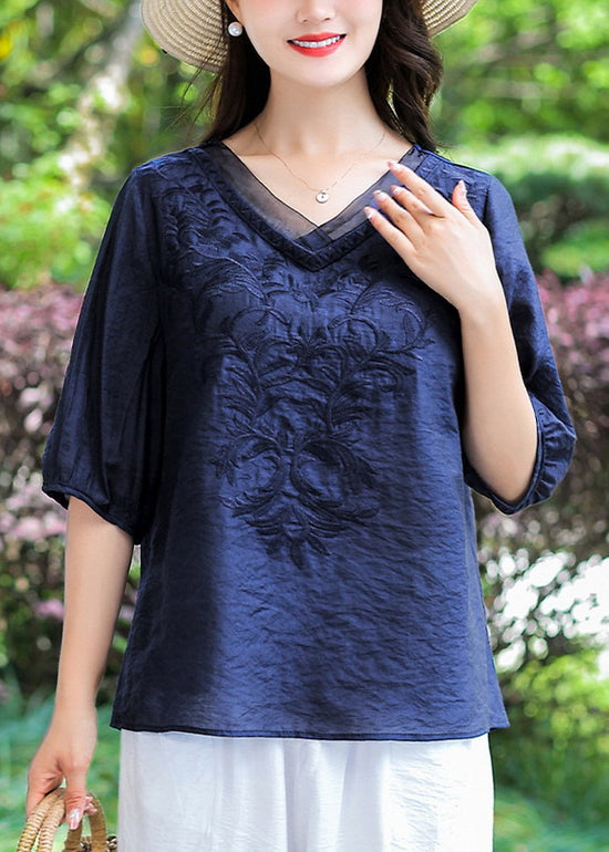 Loose Navy V Neck Embroidered Patchwork Cotton T Shirt Half Sleeve