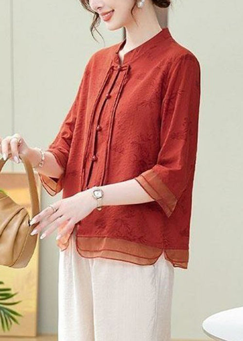 Loose Orange Button Print Cotton Shirt Bracelet Sleeve