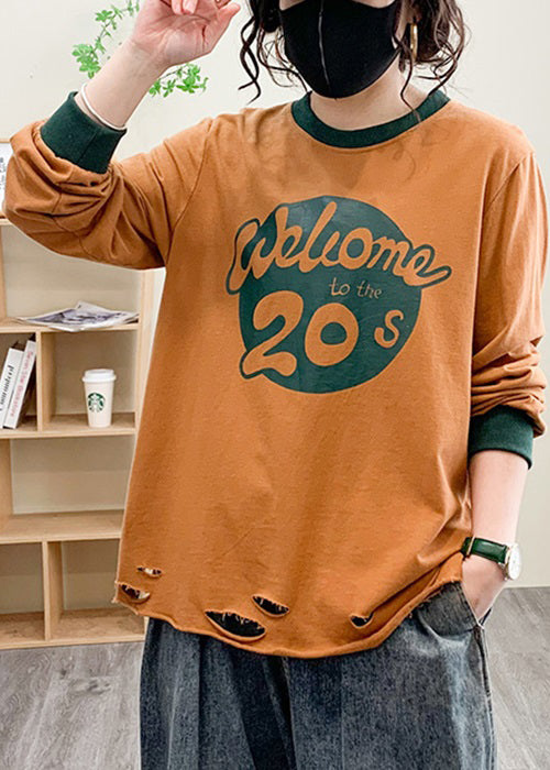 Loose Orange O Neck Print Cotton T Shirt Fall