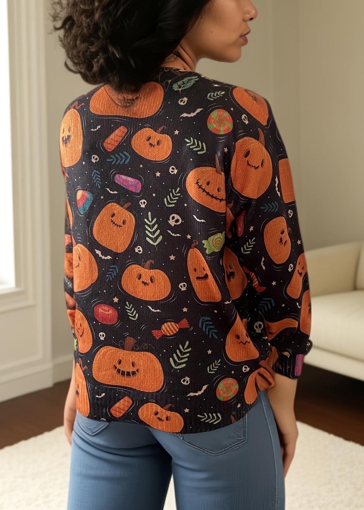 Loose Orange O Neck Print Knitting Cotton Top Long Sleeve