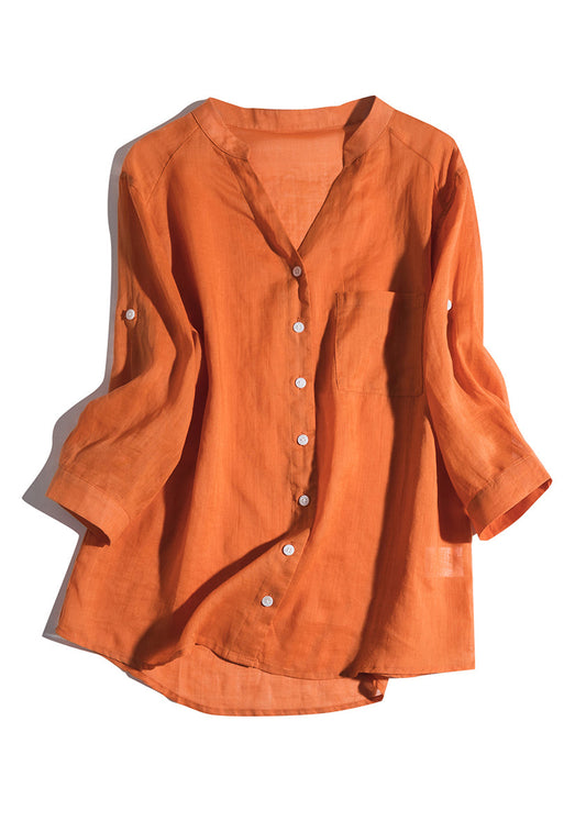 Loose Orange V Neck Button Linen Shirt Bracelet Sleeve