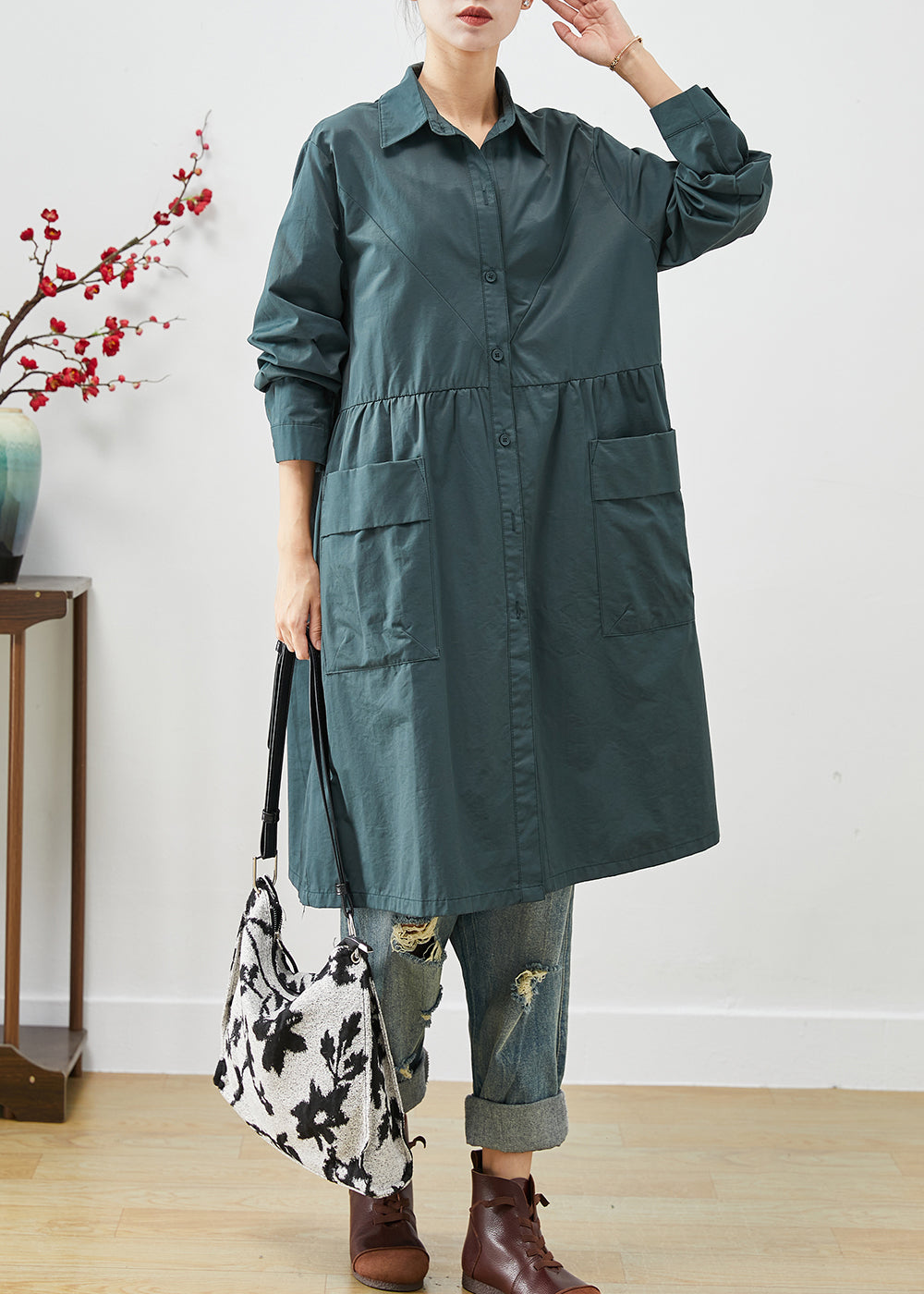 Loose Peacock Green Pockets Patchwork Cotton Shirt Dresses Spring