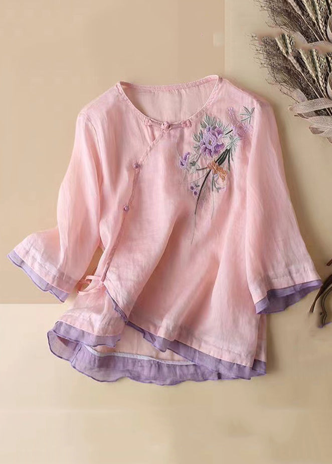 Loose Pink Embroidered Button Patchwork Cotton Shirts Spring