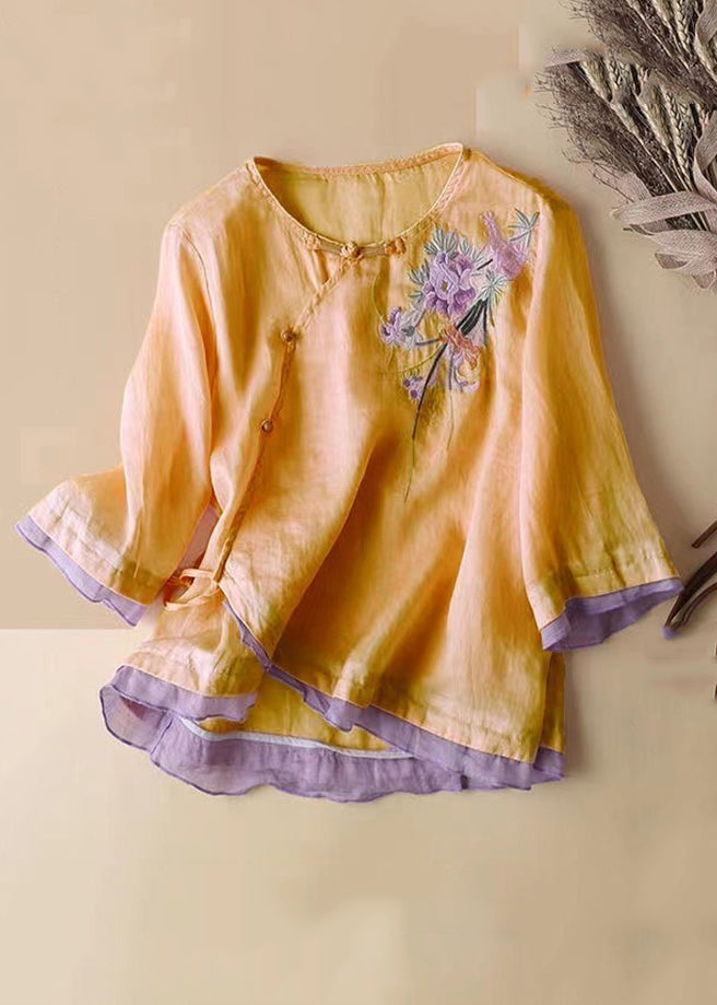 Loose Pink Embroidered Button Patchwork Cotton Shirts Spring