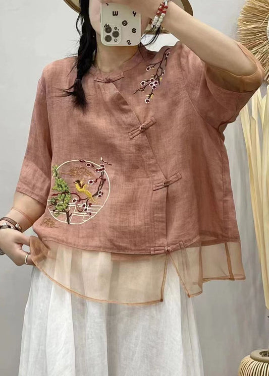 Loose Pink Embroideried Button Cotton Blouses Summer