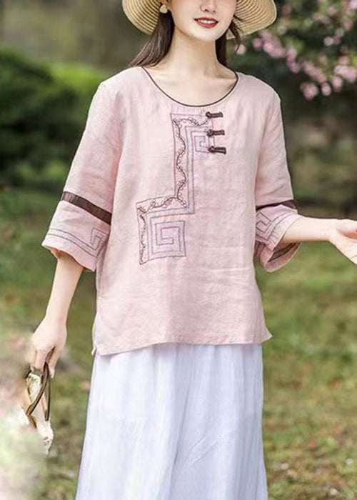 Loose Pink O-Neck Embroidered Patchwork Linen T Shirts Bracelet Sleeve