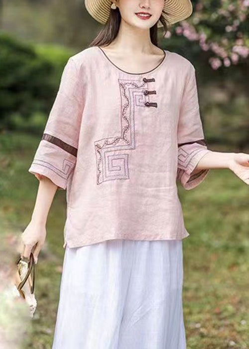 Loose Pink O-Neck Embroidered Patchwork Linen T Shirts Bracelet Sleeve