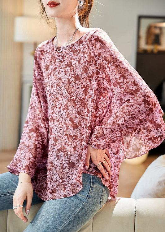 Loose Pink O Neck Print Chiffon Shirt Tops Long Sleeve