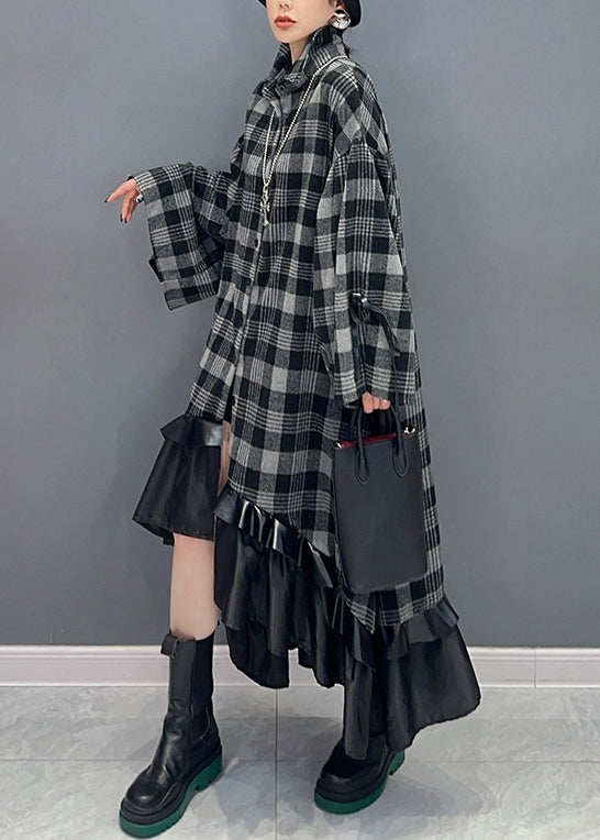 Loose Plaid Asymmetrical Patchwork Cotton Dress Long Sleeve