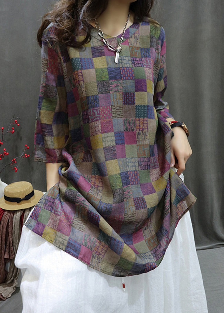 Loose Plaid V Neck Print Linen Shirt Half Sleeve