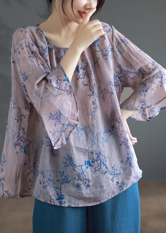 Loose Purple O Neck Print Linen Blouse Tops Summer