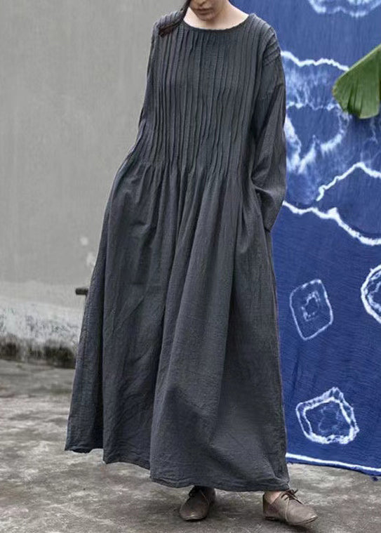 Loose Purple O Neck Wrinkled Linen Long Dress Long Sleeve