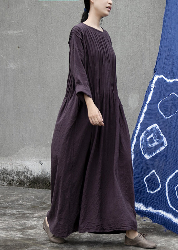 Loose Purple O Neck Wrinkled Linen Long Dress Long Sleeve