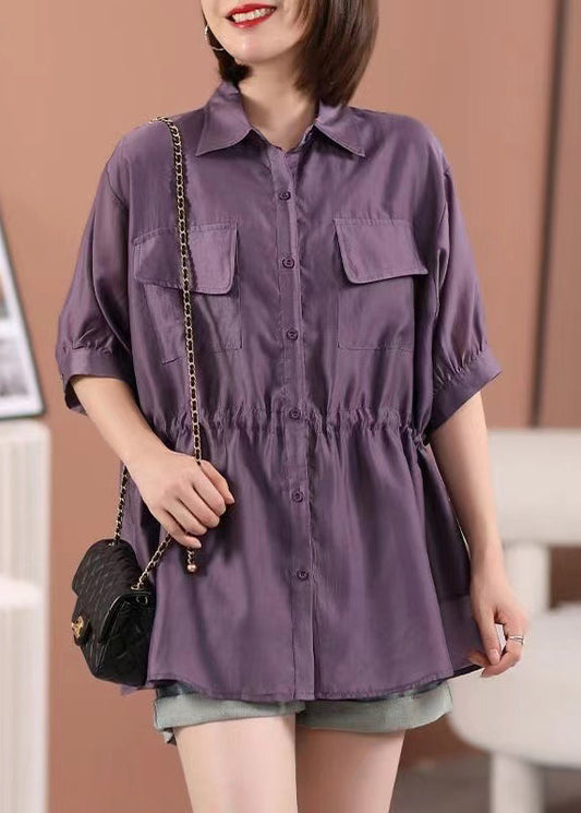 Loose Purple Peter Pan Collar Tie Waist Silk Cotton Shirt Half Sleeve