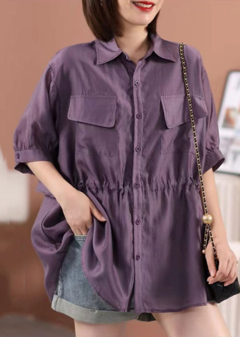 Loose Purple Peter Pan Collar Tie Waist Silk Cotton Shirt Half Sleeve