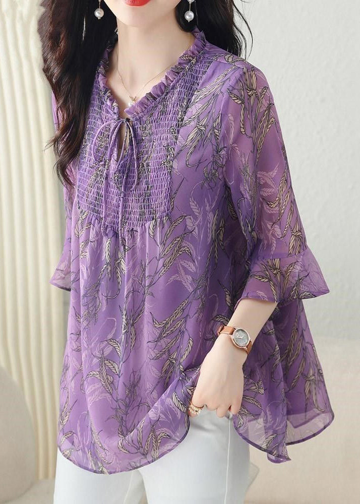 Loose Purple Ruffled Lace Up Chiffon Shirt Half Sleeve