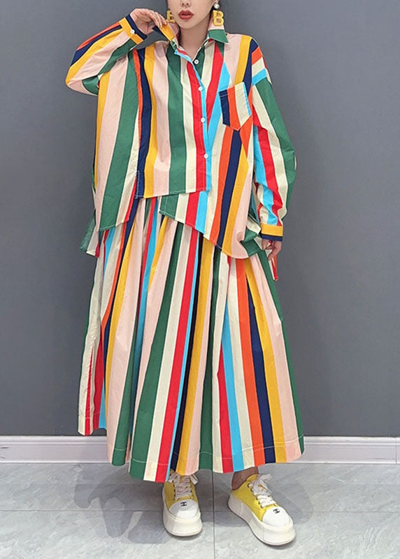 Loose Rainbow Peter Pan Collar Striped Button Shirts And Maxi Skirts Two Piece Set Long Sleeve