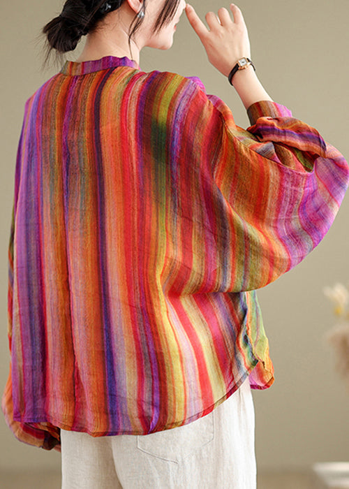 Loose Colorful Polka Dots Striped Button Linen Blouses Batwing Sleeve