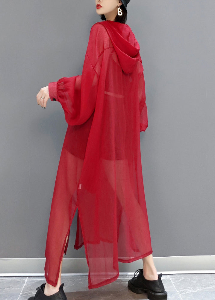 Loose Red Hooded Button Pockets Tulle UPF 50+ Coat Long Sleeve