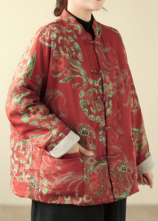 Loose Red Stand Collar Button Print Parka Winter