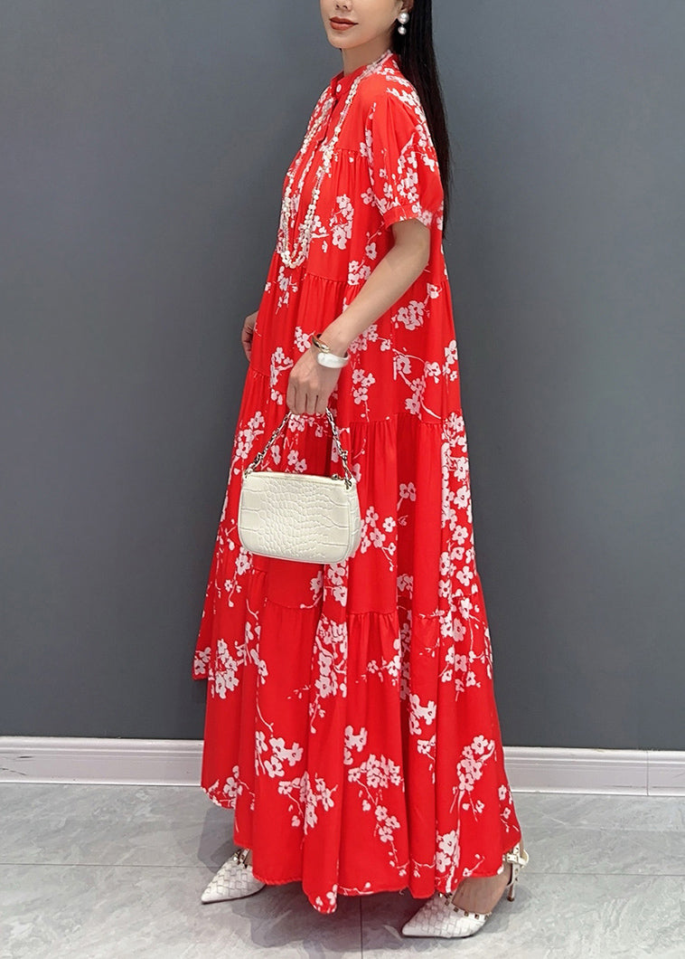 Loose Red Stand Collar Print Patchwork Long Dresses Summer