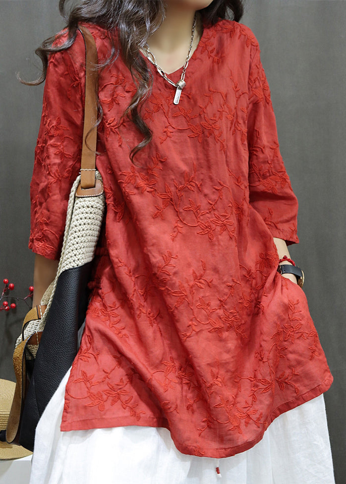 Loose Red V Neck Embroidered Linen Blouses Summer