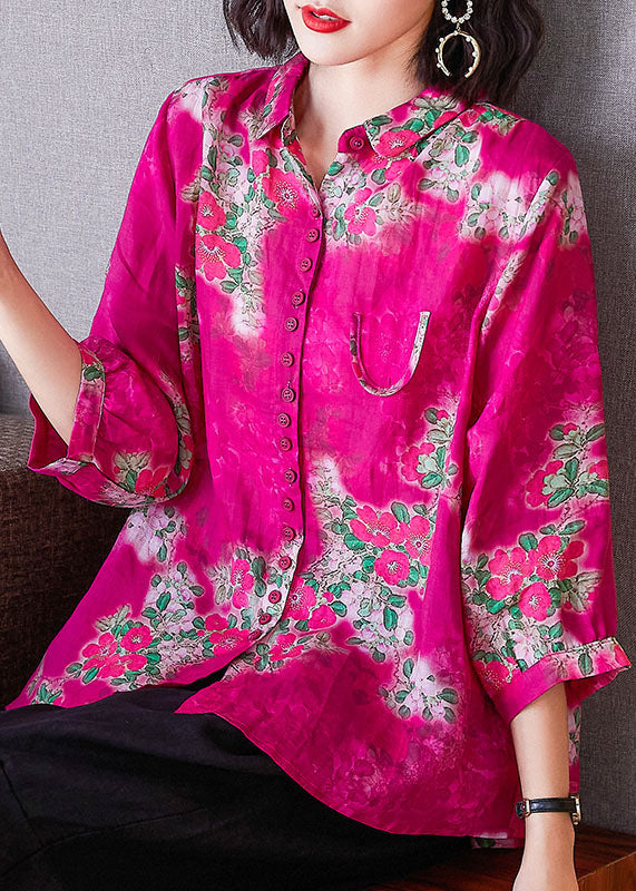 Loose Rose Peter Pan Collar Button Print Patchwork Linen Shirts Bracelet Sleeve