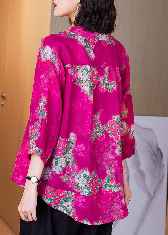 Loose Rose Peter Pan Collar Button Print Patchwork Linen Shirts Bracelet Sleeve