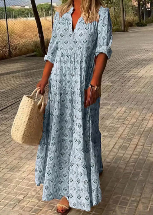 Loose Sky Blue V Neck Print Maxi Dresses Fall