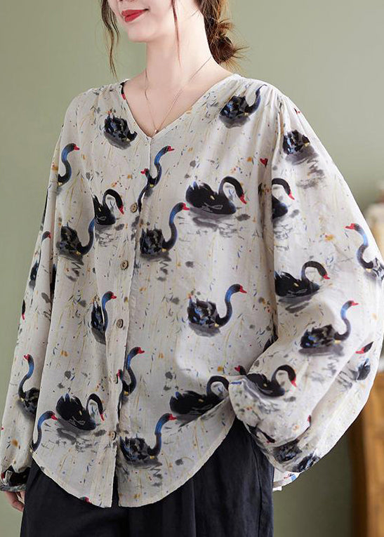 Loose V Neck Print Cotton Shirt Top Lantern Sleeve