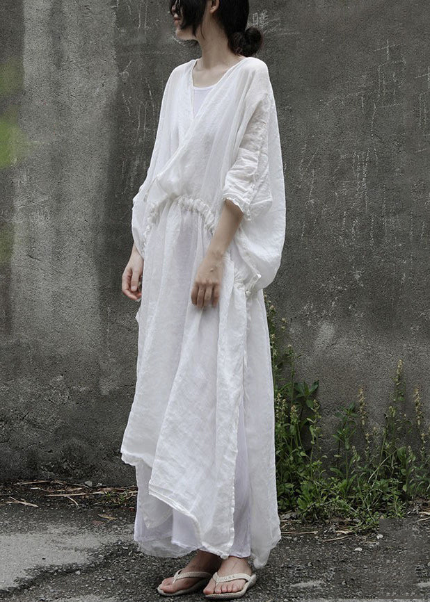 Loose White Drawstring Side Open Linen Two Pieces Set Half Sleeve