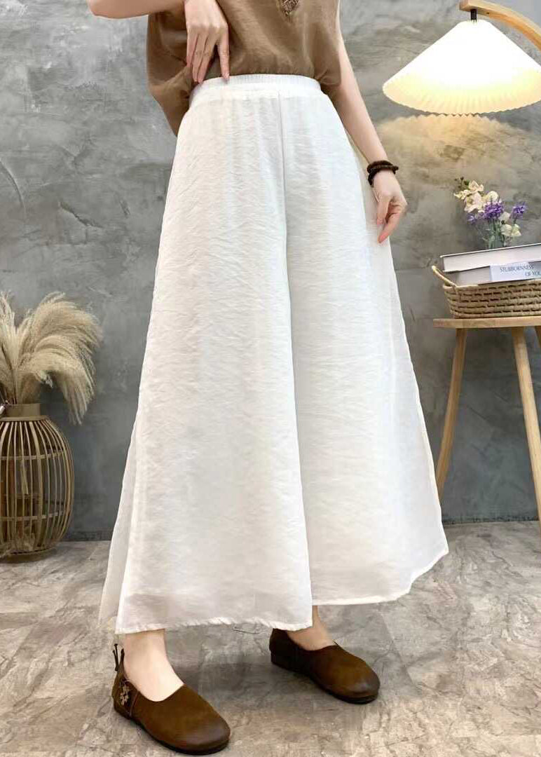 Loose White Side Open Elastic Waist Linen Crop Pants Summer