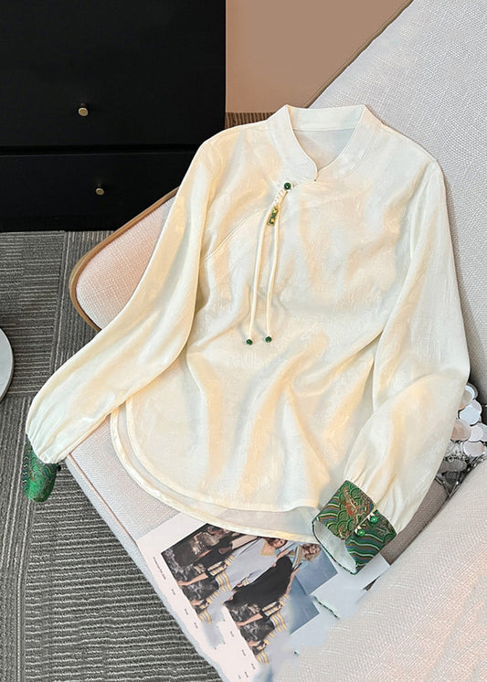 Loose White Stand Collar Button Silk Shirts Fall