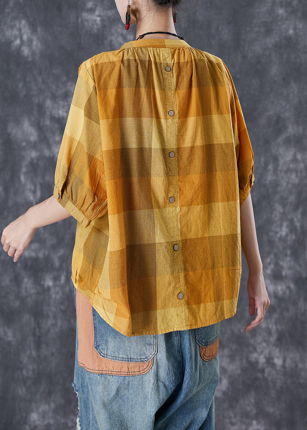 Loose Yellow Oversized Plaid Cotton Shirt Tops Half Sleeve