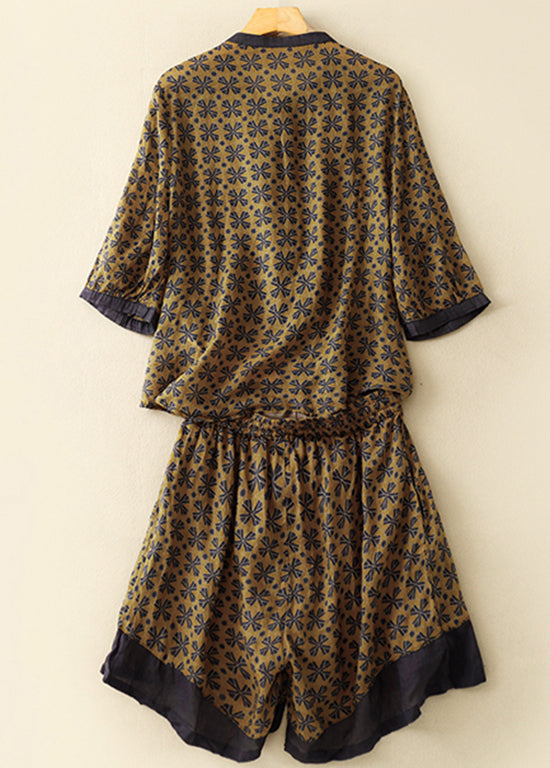 Loose Yellow Print Drawstring Linen Jumpsuits Summer